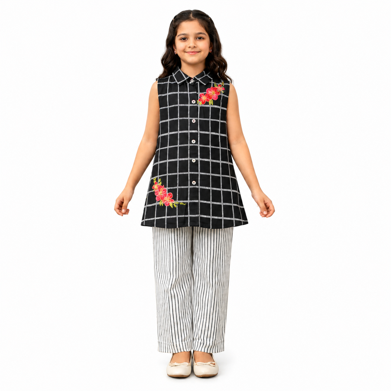 Girls Black & White Checkered Embroidered Sleeveless Co-Ord Set