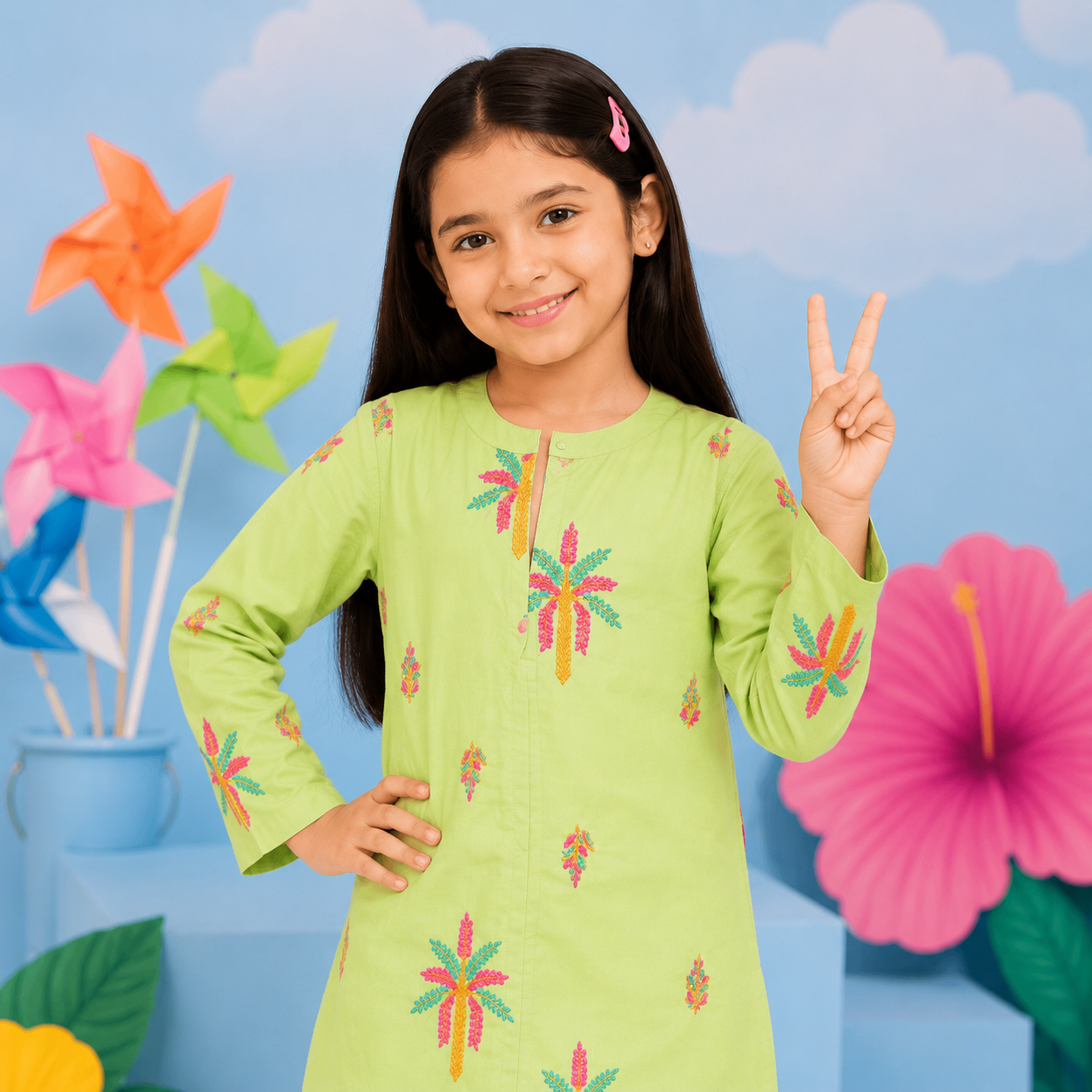 Girls Light Lime Green Embroidered Cotton Suit – Premium Kids Wear — alternate view