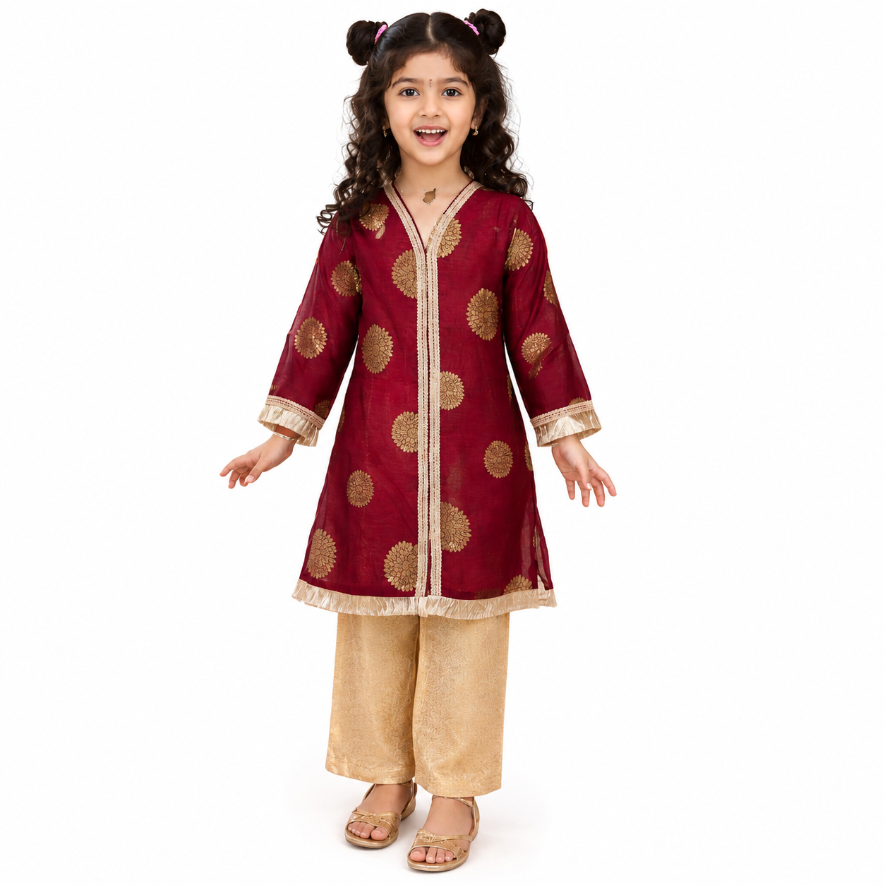 Girls Maroon Banarsi Kurta Trouser Set – Ethnic Festive Wear for Girls