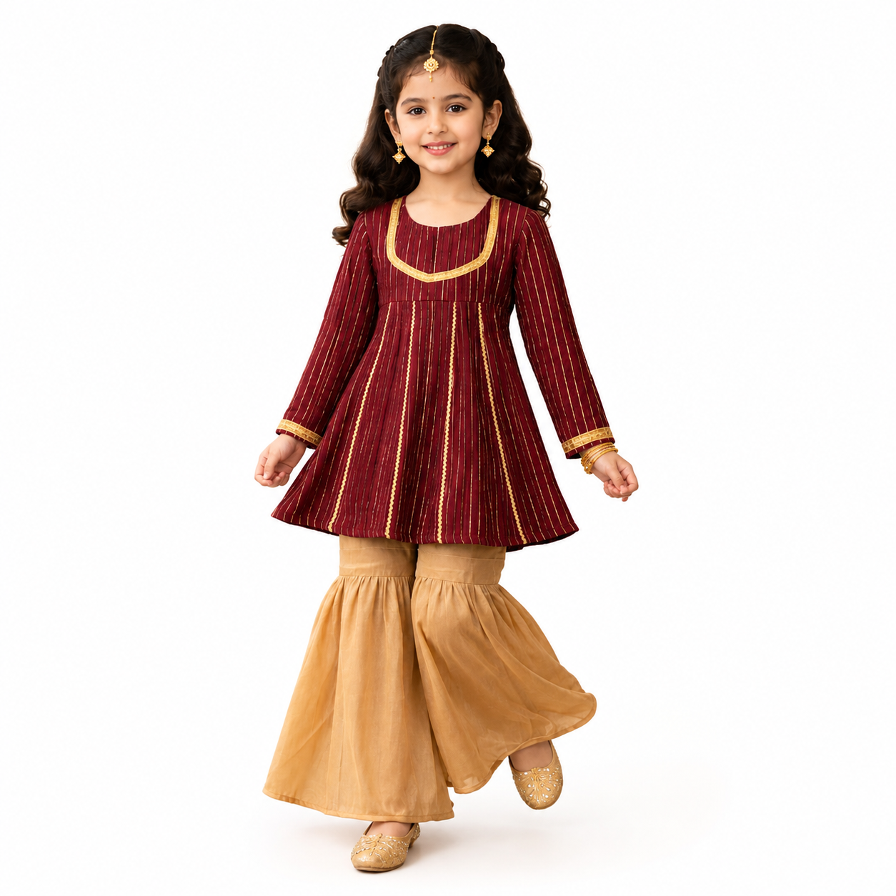 Girls Maroon Kurti with Golden Sharara Set