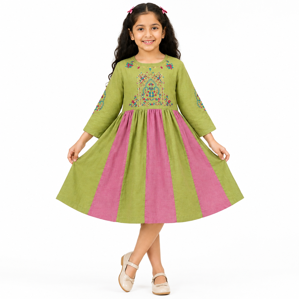Girls Olive Green & Pink Embroidered Frock Dress