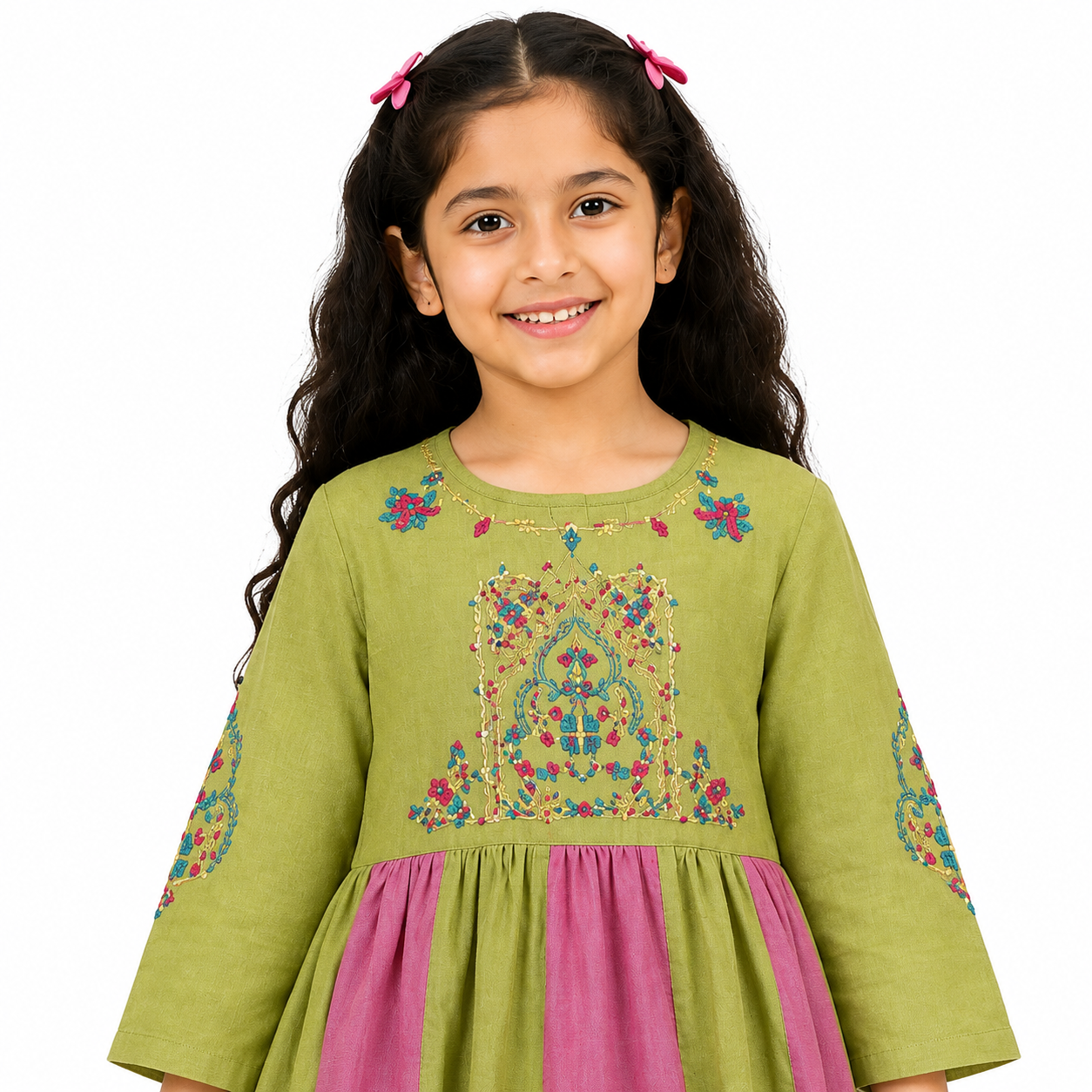 Girls Olive Green & Pink Embroidered Frock Dress — alternate view