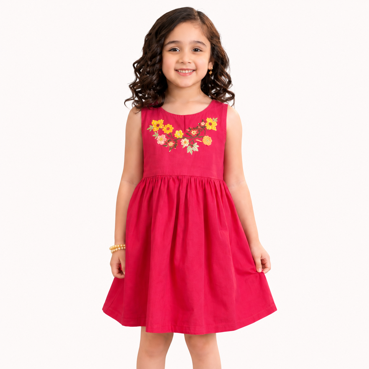 Girls Pink Floral Embroidered Cotton Frock