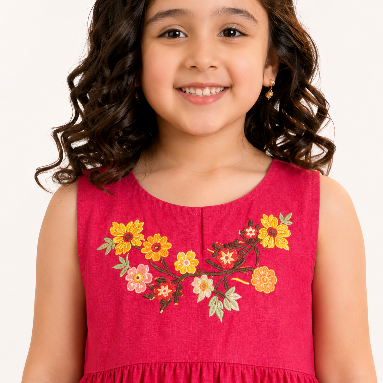 Girls Pink Floral Embroidered Cotton Frock — alternate view