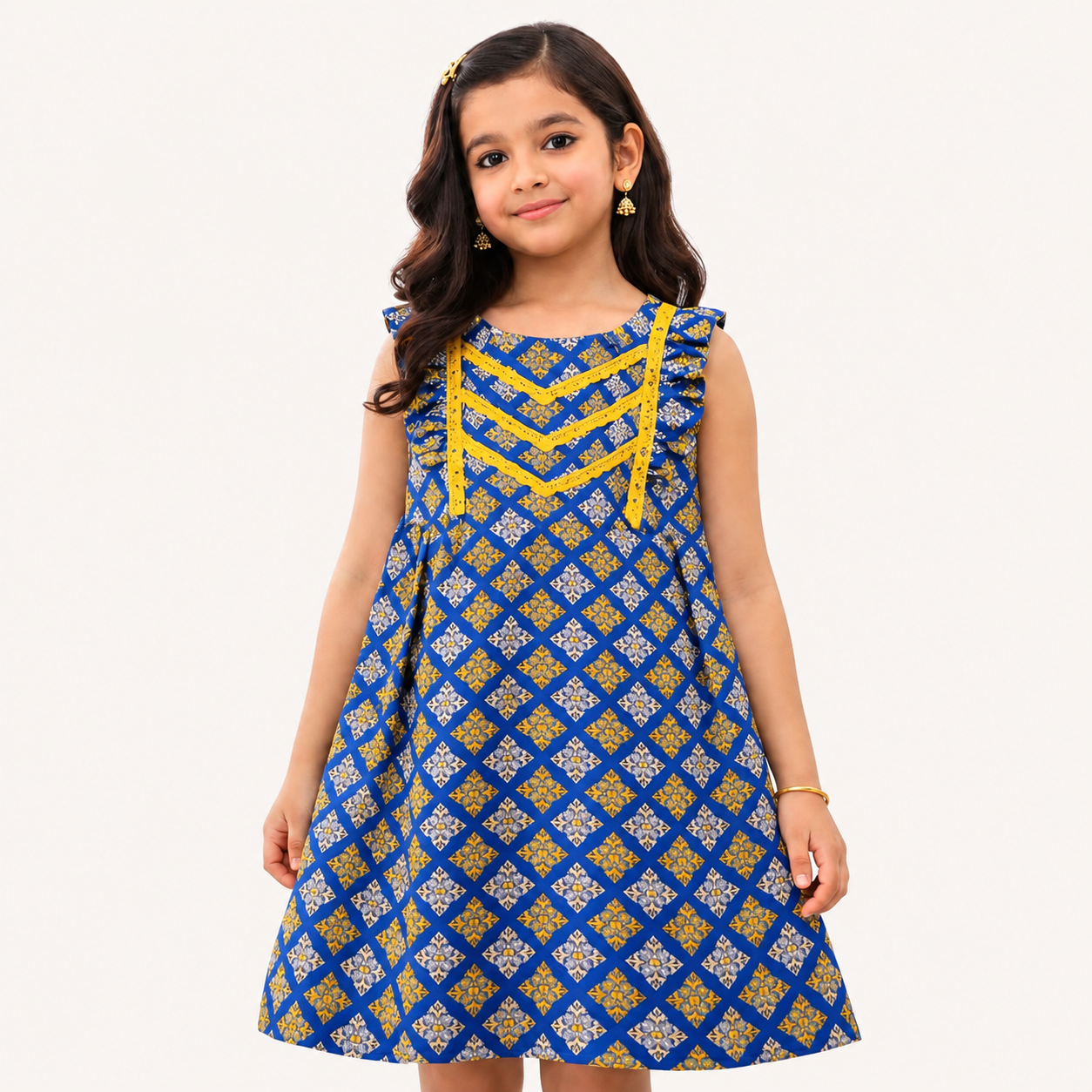 Girls Royal Blue Printed Cotton Frock with Yellow Lace