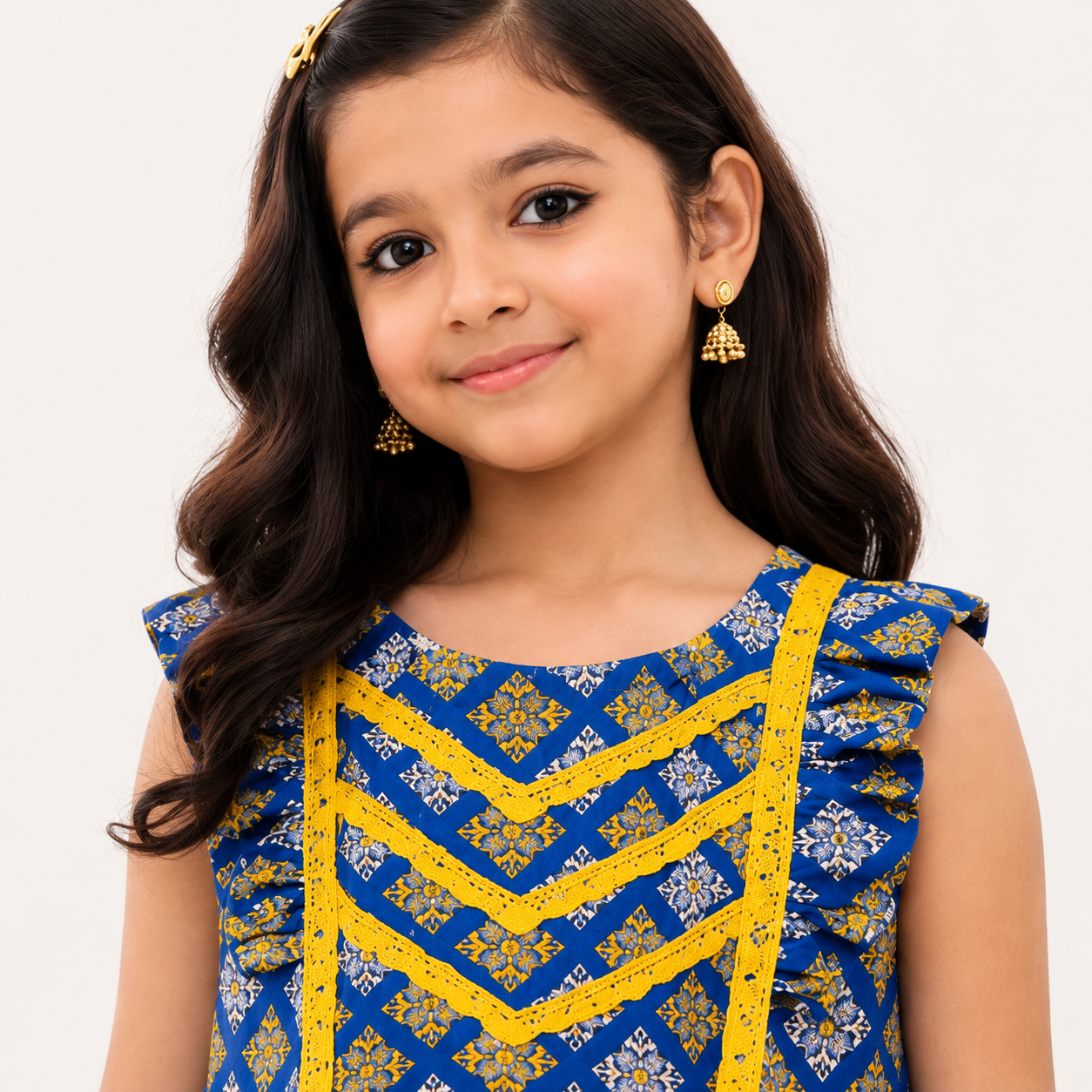 Girls Royal Blue Printed Cotton Frock with Yellow Lace — alternate view