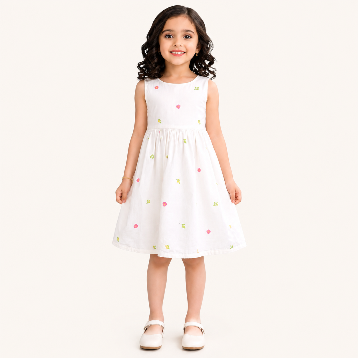 Girls White Floral Embroidered Cotton Frock