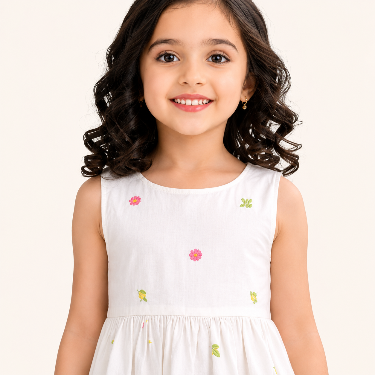 Girls White Floral Embroidered Cotton Frock — alternate view