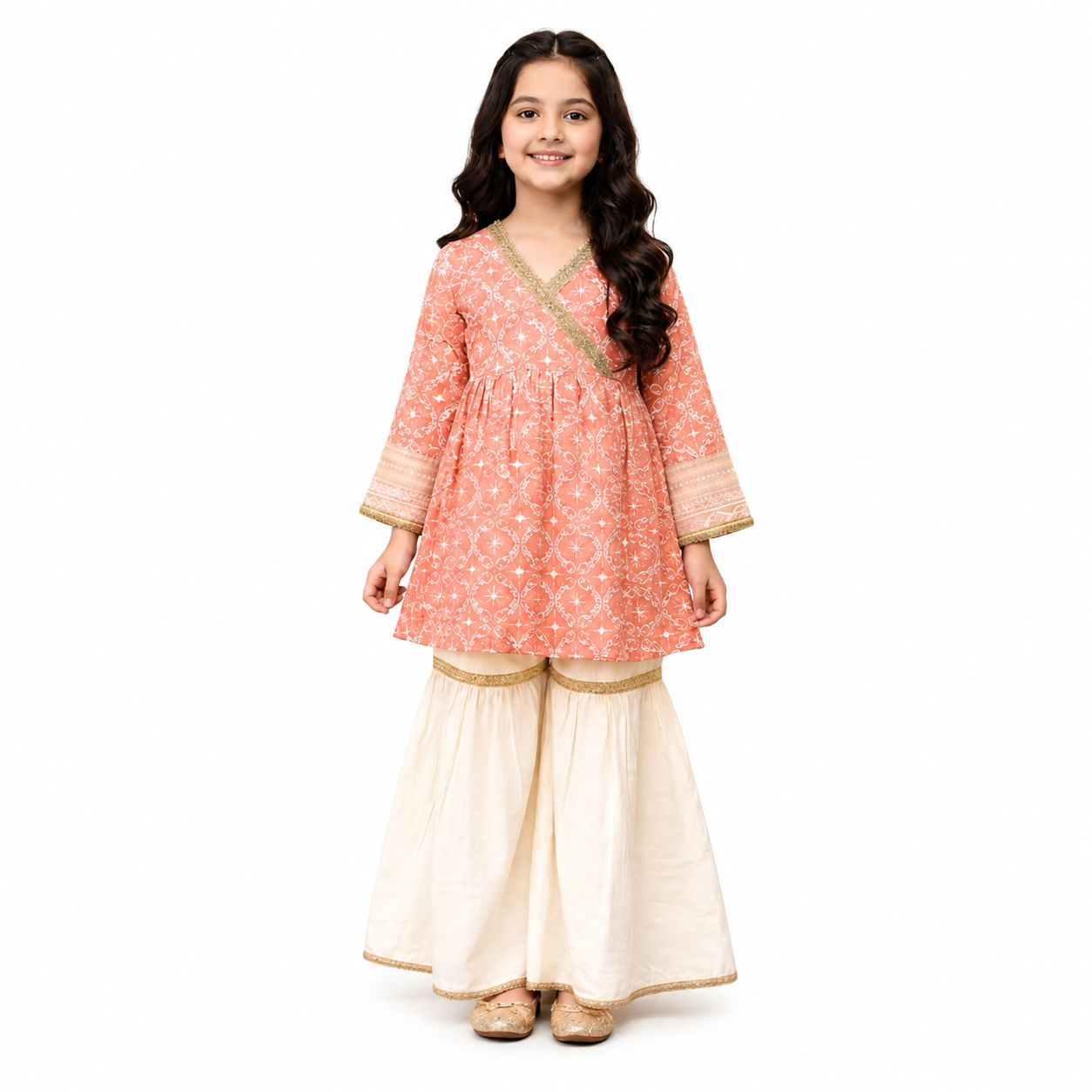 Peach Printed Girls Kurta Gharara Suit – Premium Kids Eastern Wear
