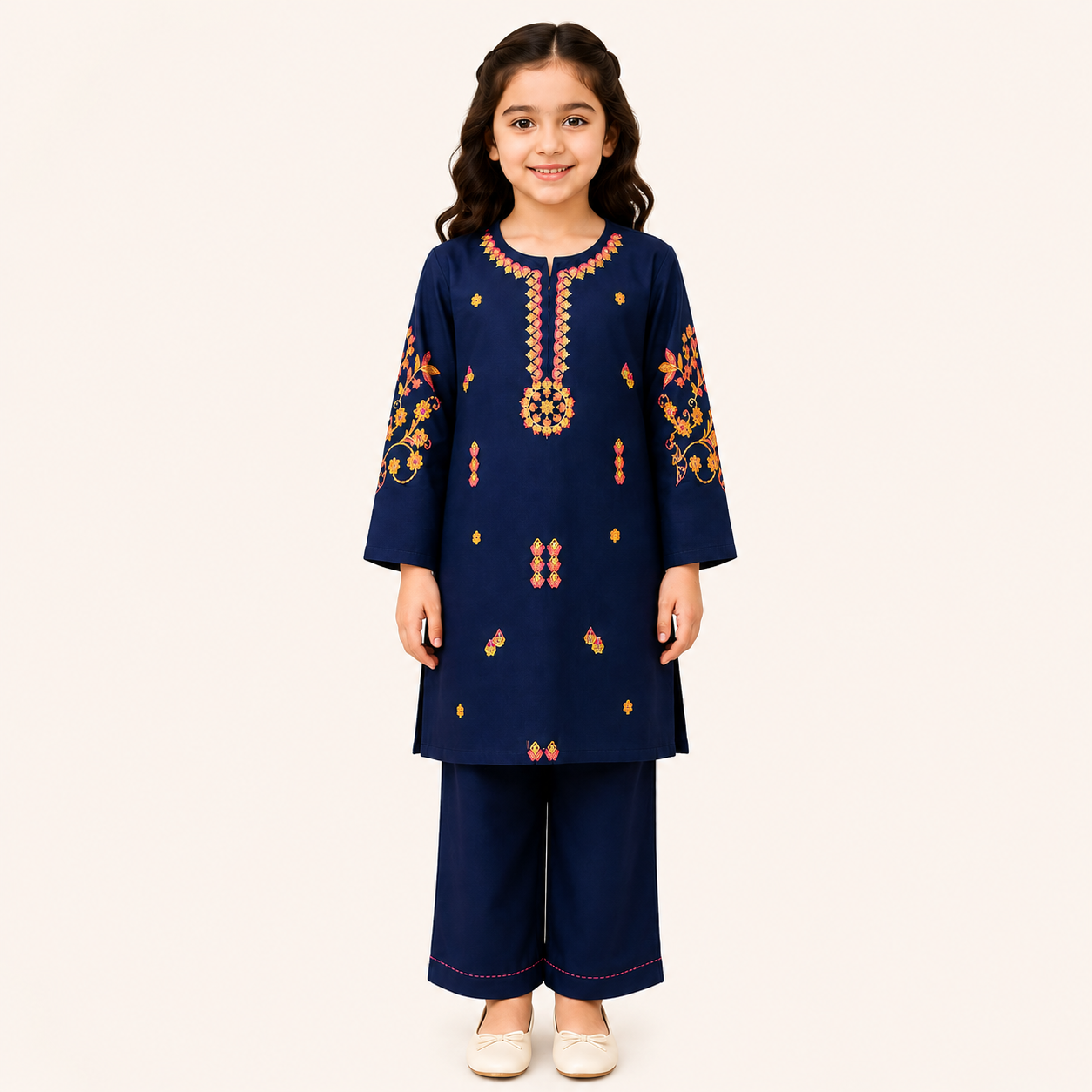 TinySoul Navy Blue Embroidered Girls 2 Piece Suit